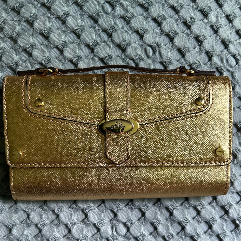 Milly Gold Metallic Clutch Wallet with Hand Strap Card Holders